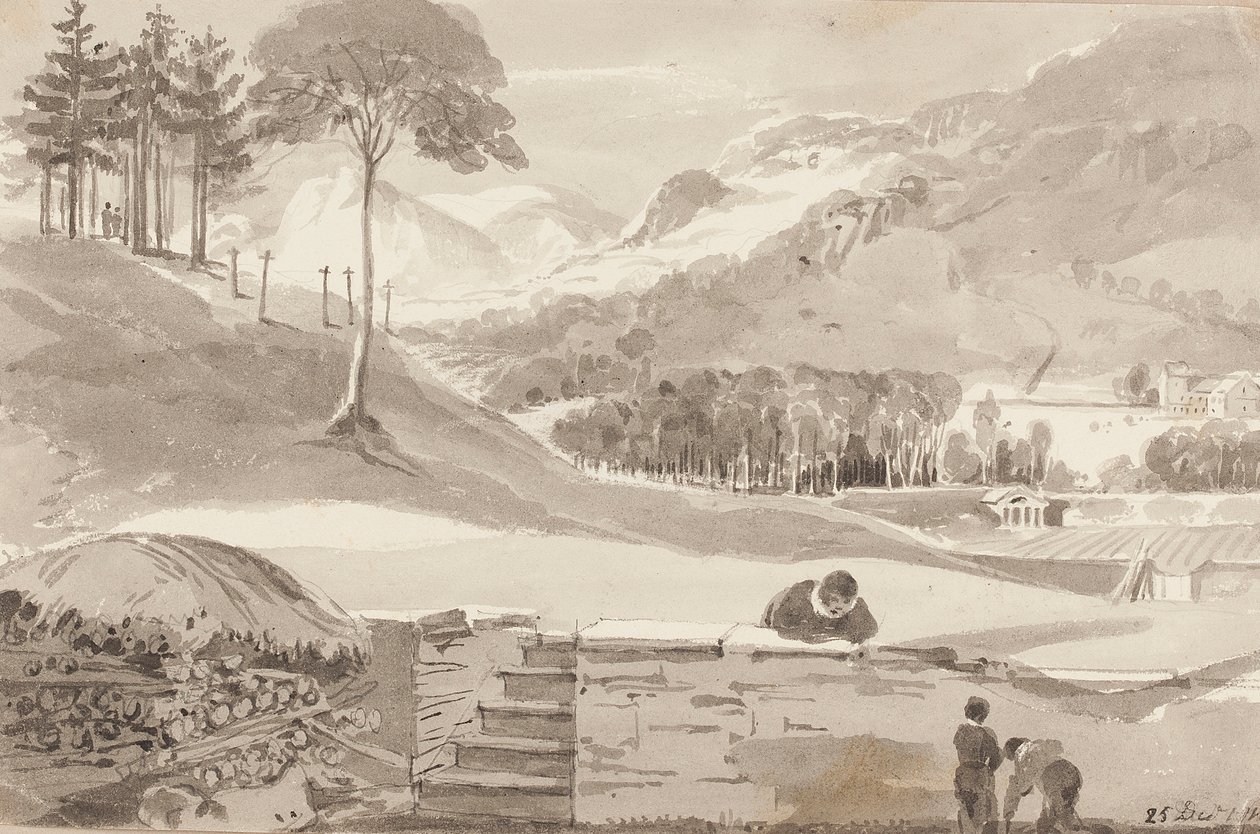 Brathay-kenttä, Lake District, Cumbria, 1819 (wc paperilla) tekijältä John Harden