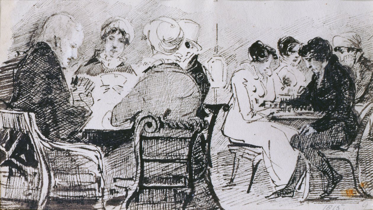 Kortit ja shakki, 1815 (kynä ja muste paperille) tekijältä John Harden