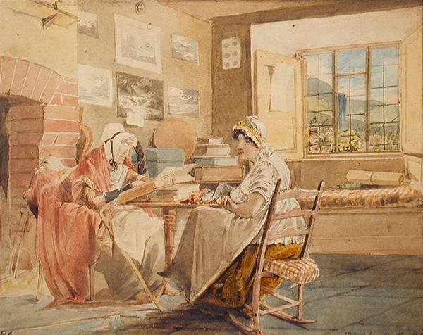 Sisätilat, Brathay Hall (akvarelli paperille) tekijältä John Harden