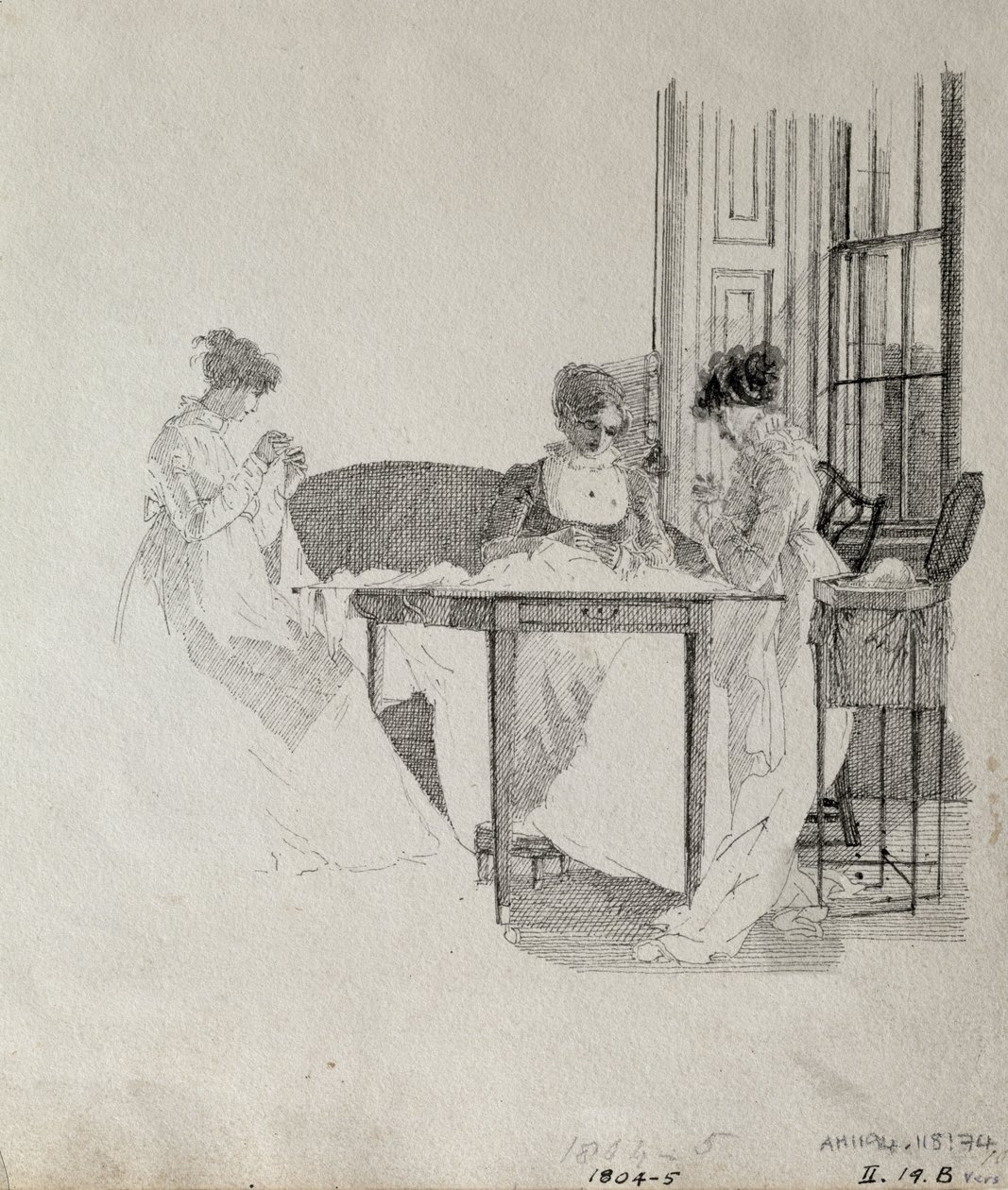 Naisten ompelu, 1805 (kynä ja muste paperille) tekijältä John Harden