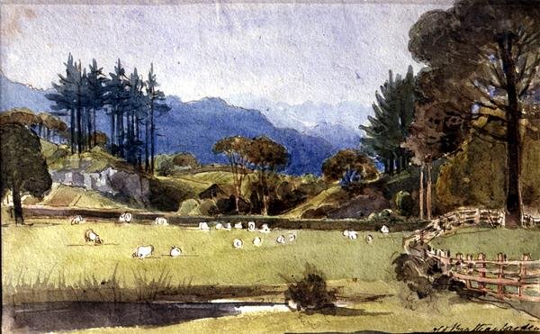 Langdale Windermeren pohjoisrannalta (akvarelli paperille) tekijältä John Harden