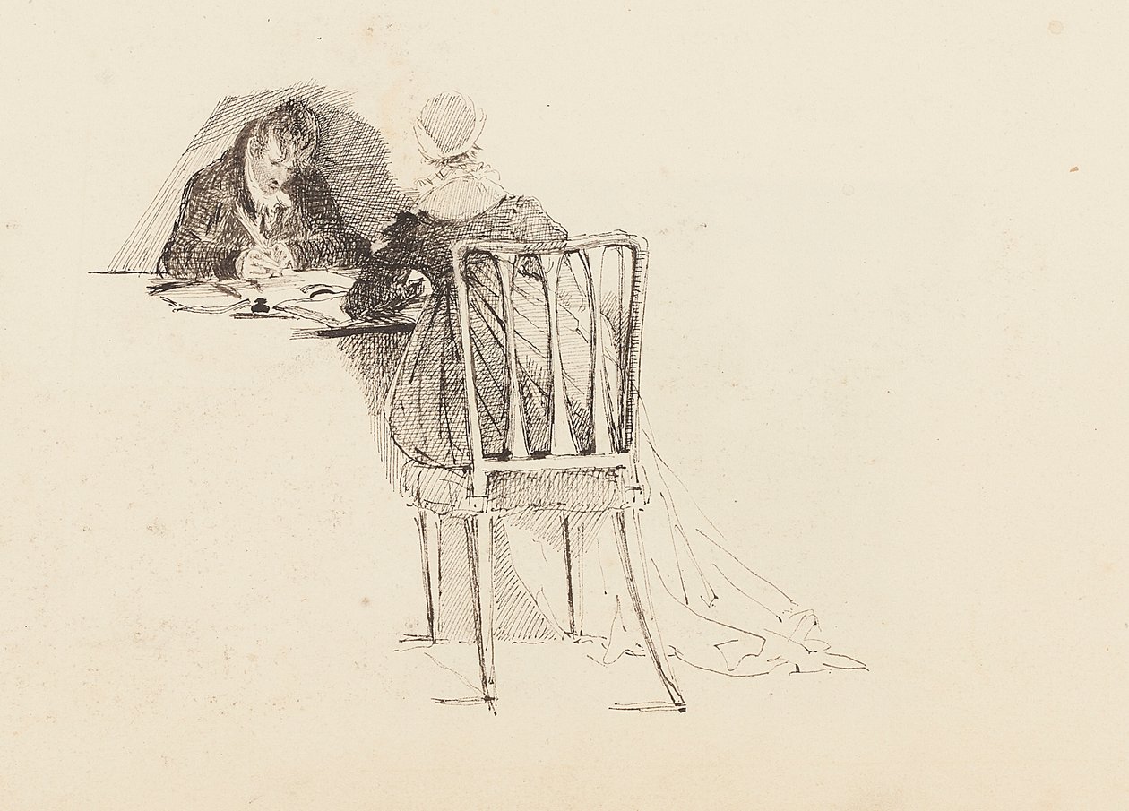 Mies ja nainen istuvat pöydän ääressä, 1805 tekijältä John Harden
