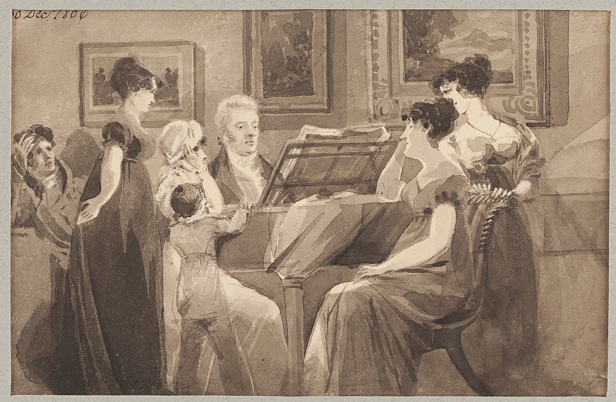 Laululaulu pianon ympärillä, 1806 (wc paperille) tekijältä John Harden
