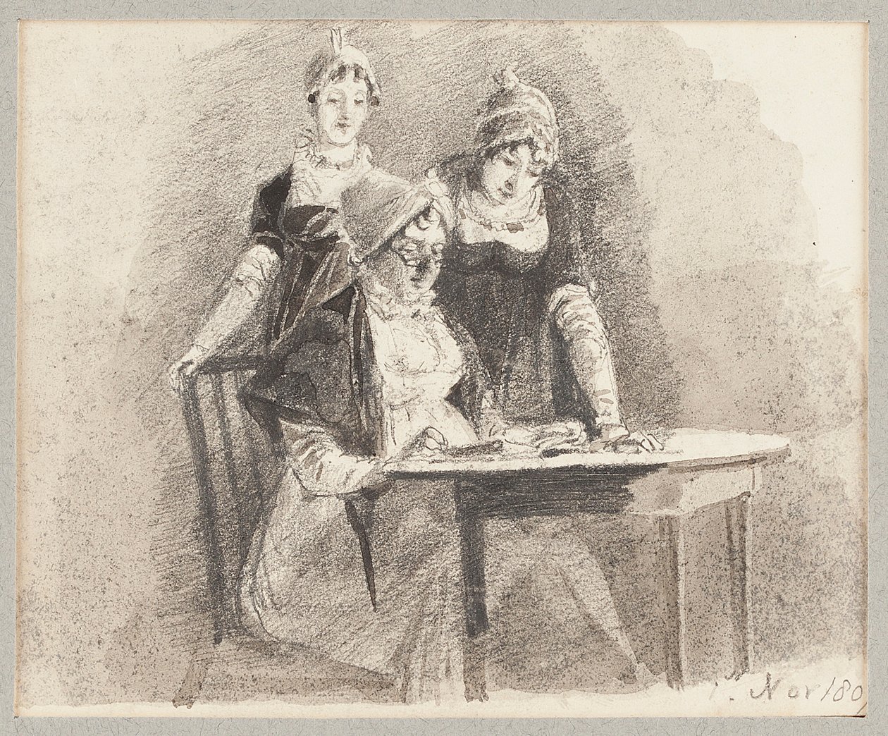 Kolme pöydässä, yksi istuu, 1807 (lyijykynä ja pesu paperille) tekijältä John Harden
