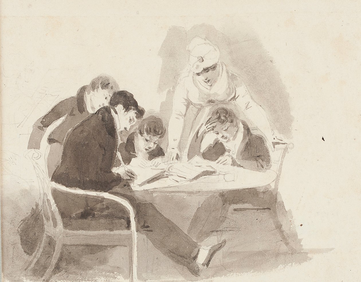 Kaksi poikaa tekee läksyjä, 1811 (wc paperilla) tekijältä John Harden