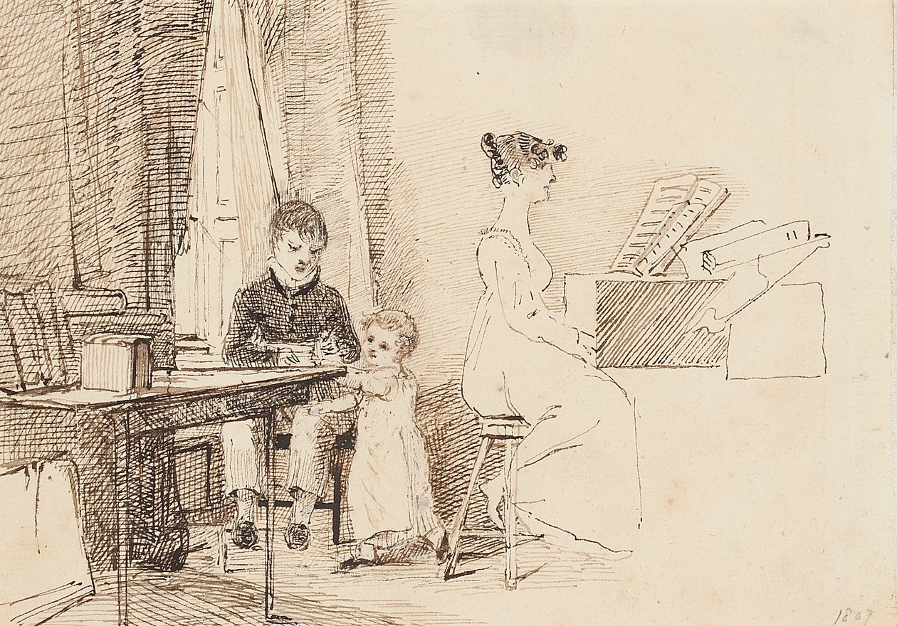 Kaksi lasta ja nainen pianon ääressä, 1807 tekijältä John Harden