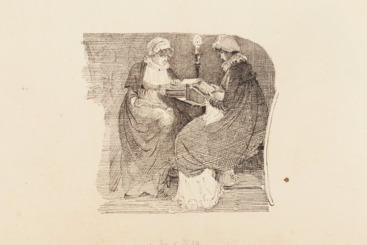 Kaksi naista lukemassa lampunvalossa, 1804 (kynä ja muste paperille) tekijältä John Harden