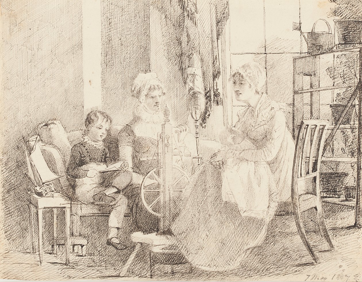 Naiset kehrässä ja poika leluveneellä, 1807 tekijältä John Harden