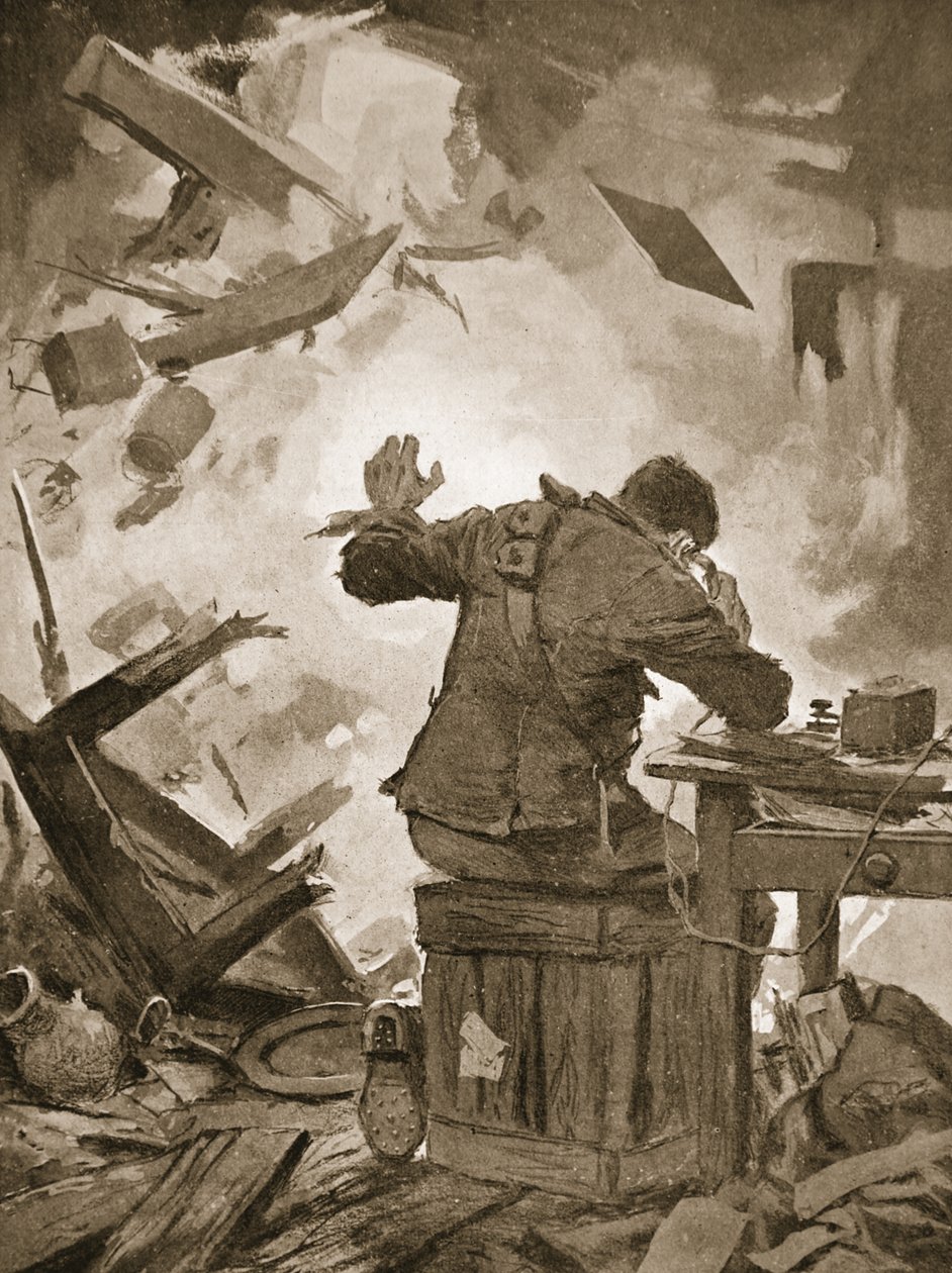 Bombardier French viimeistelee viestinsä sen jälkeen, kun ammus oli tullut huoneen läpi, johon hän soitti (litho) tekijältä John Harris Valda