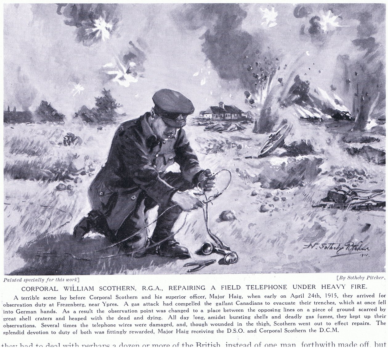 Alikersantti William Scothern RGA korjasi kenttäpuhelinta raskaan tulen alla, sai DCM Ypresin toukokuussa 1915 tekijältä John Harris Valda