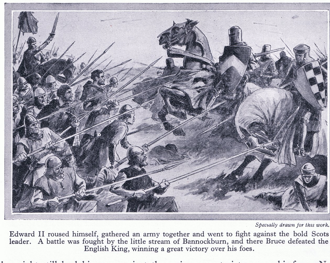 Edward II kokosi armeijan ja kävi taistelun Bannockburnissa 1314 jKr, missä Bruce voitti englantilaiset, n. 1950 tekijältä John Harris Valda