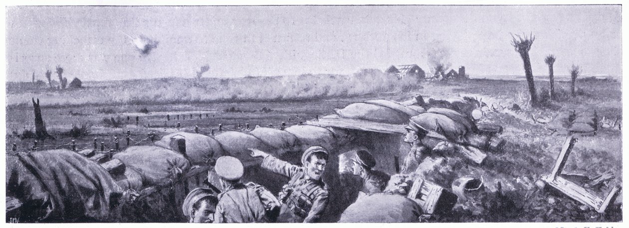 Kaasuhyökkäys toisen Lancashire Fusiliersin juoksuhaudoihin, jossa sotamies Lyn menetti henkensä, mutta voitti VC:n. Ypres huhtikuuta 1915 tekijältä John Harris Valda