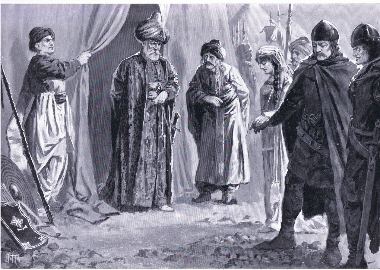 Ivan Shishman III toimittaa sisarensa sulttaani Murad I:lle, AD1366, Hutchinsonin kansojen historiasta (Nide 4), jonka on julkaissut Hutchinson, c. 1920 (litho) tekijältä John Harris Valda