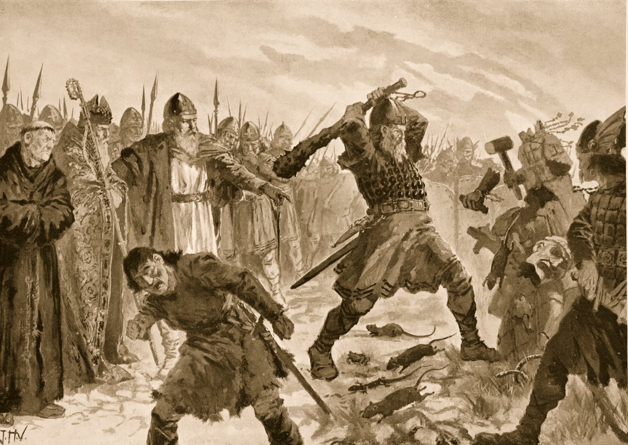 Kuningas Olaf pyhä rikkomassa Thorin jumalan kuvan, 1020 tekijältä John Harris Valda