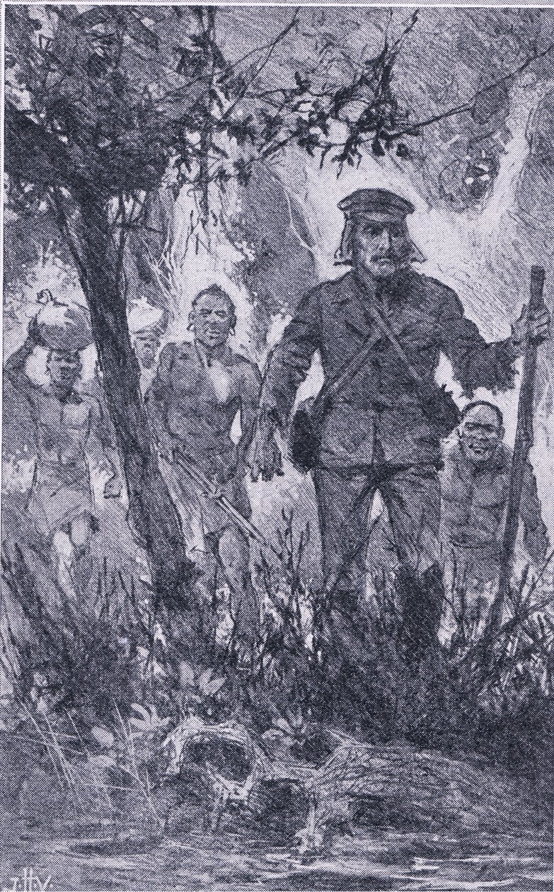 Livingstone ampui leijonaa kohti, mutta leijona hyökkäsi hänen kimppuunsa ja puri hänen olkapäätään ja mursi hänen vasemman kätensä, Newnes Pictorial Knowledge julkaisi Newnes, noin 1950-luku (litho) tekijältä John Harris Valda