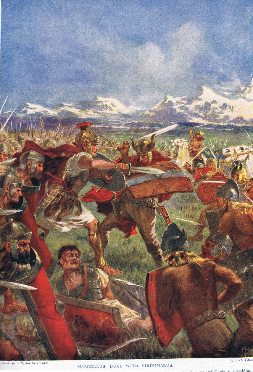 Marcelluksen kaksintaistelu Virdumarusin kanssa, kuvitus Hutchinsonin kansojen historiasta, 1900-luvun alku tekijältä John Harris Valda