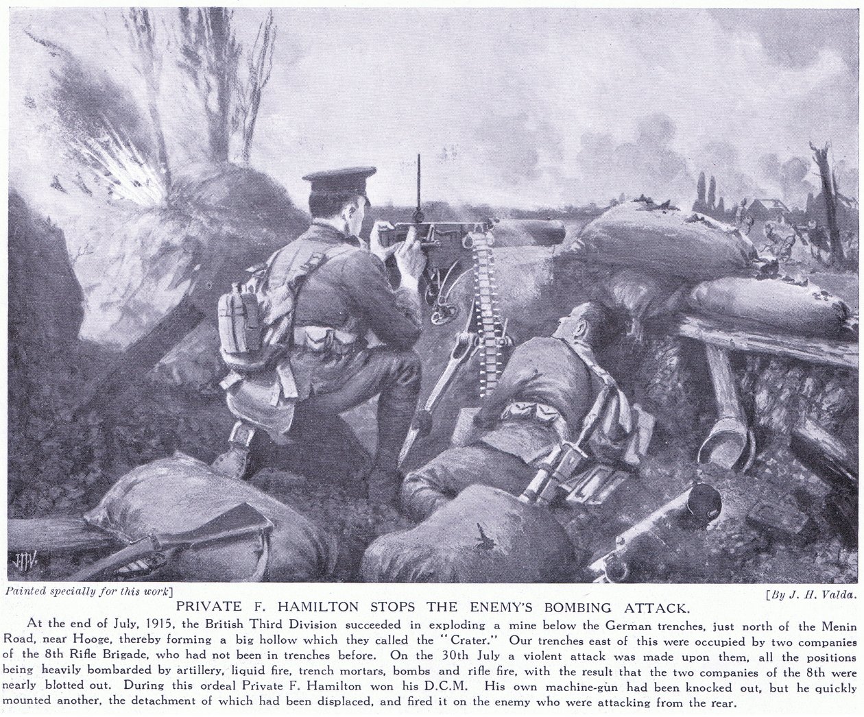 Sotamies F Hamilton palkittiin DCM:llä pysäyttämällä vihollisen pommitushyökkäys heinäkuussa 1915 Hoogessa. tekijältä John Harris Valda