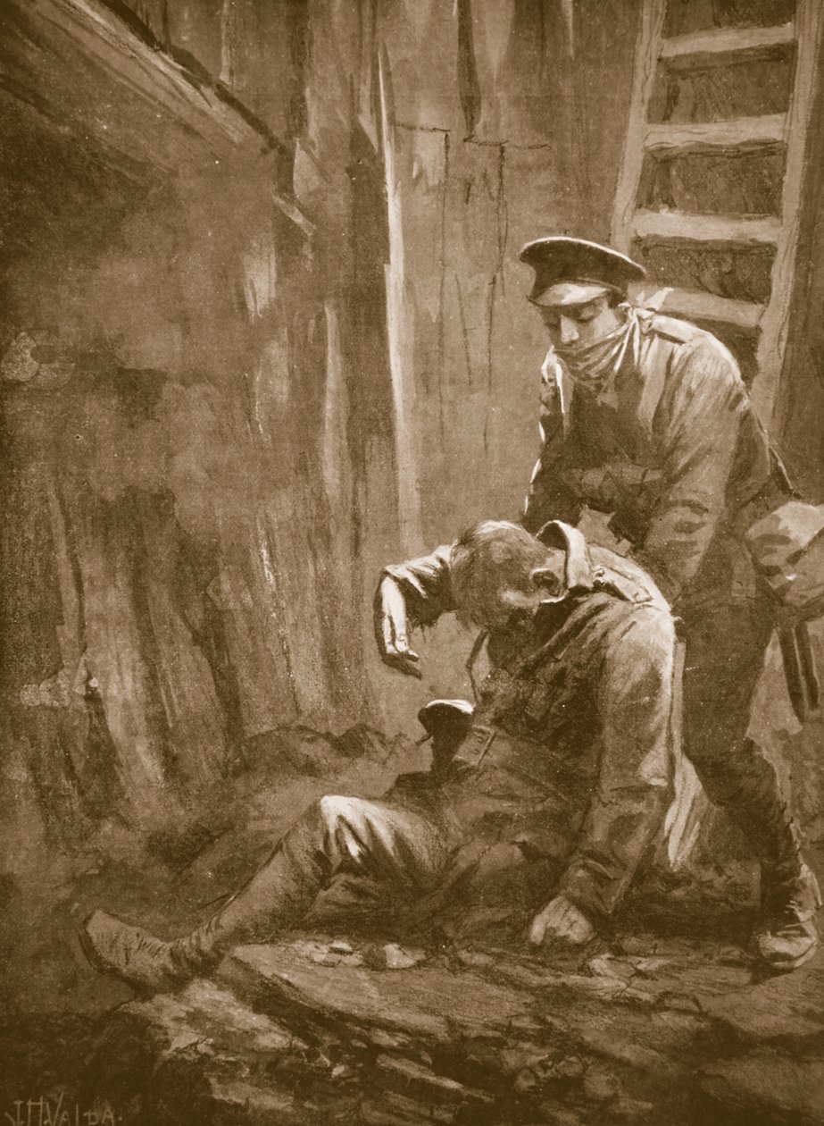 Sotamies T. Doswell pelastamassa upseeria kaivoksesta, jossa hän makasi tajuttomana tekijältä John Harris Valda