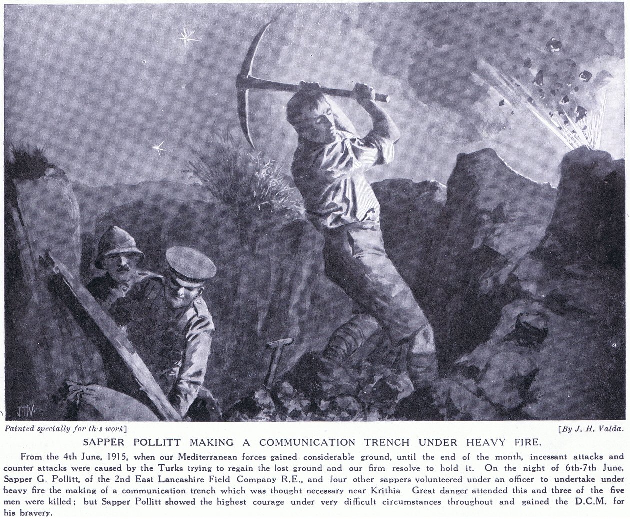 Sapper Pollitt rakentamassa viestintähautaa raskaan tulen alla Gallipolin niemimaalla kesäkuuta 1915 tekijältä John Harris Valda