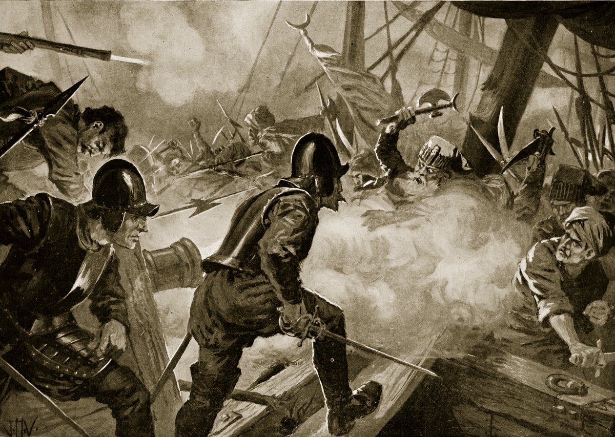 Lepanton taistelu, kuvitus "Hutchinsonin kansojen historiasta", n. 1915 (litho) tekijältä John Harris Valda