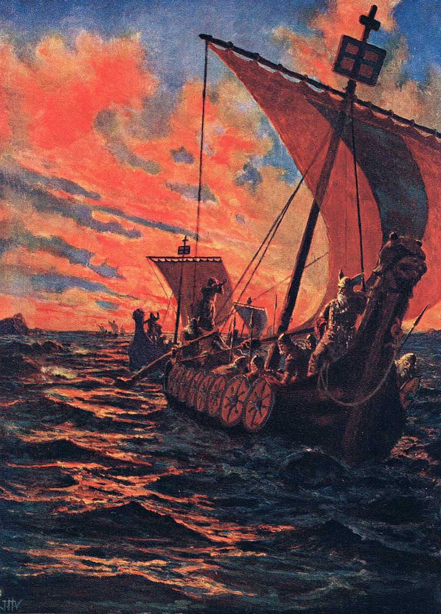 Viikinkien paluu, kuva Hutchinsonin kansojen historiasta, 1900-luvun alku tekijältä John Harris Valda