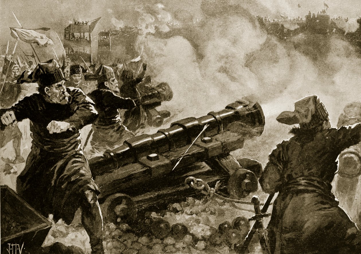 Turkkilaisten Konstantinopolin piiritys, kuvitus "Hutchinsonin kansojen historiasta", n. 1915 tekijältä John Harris Valda