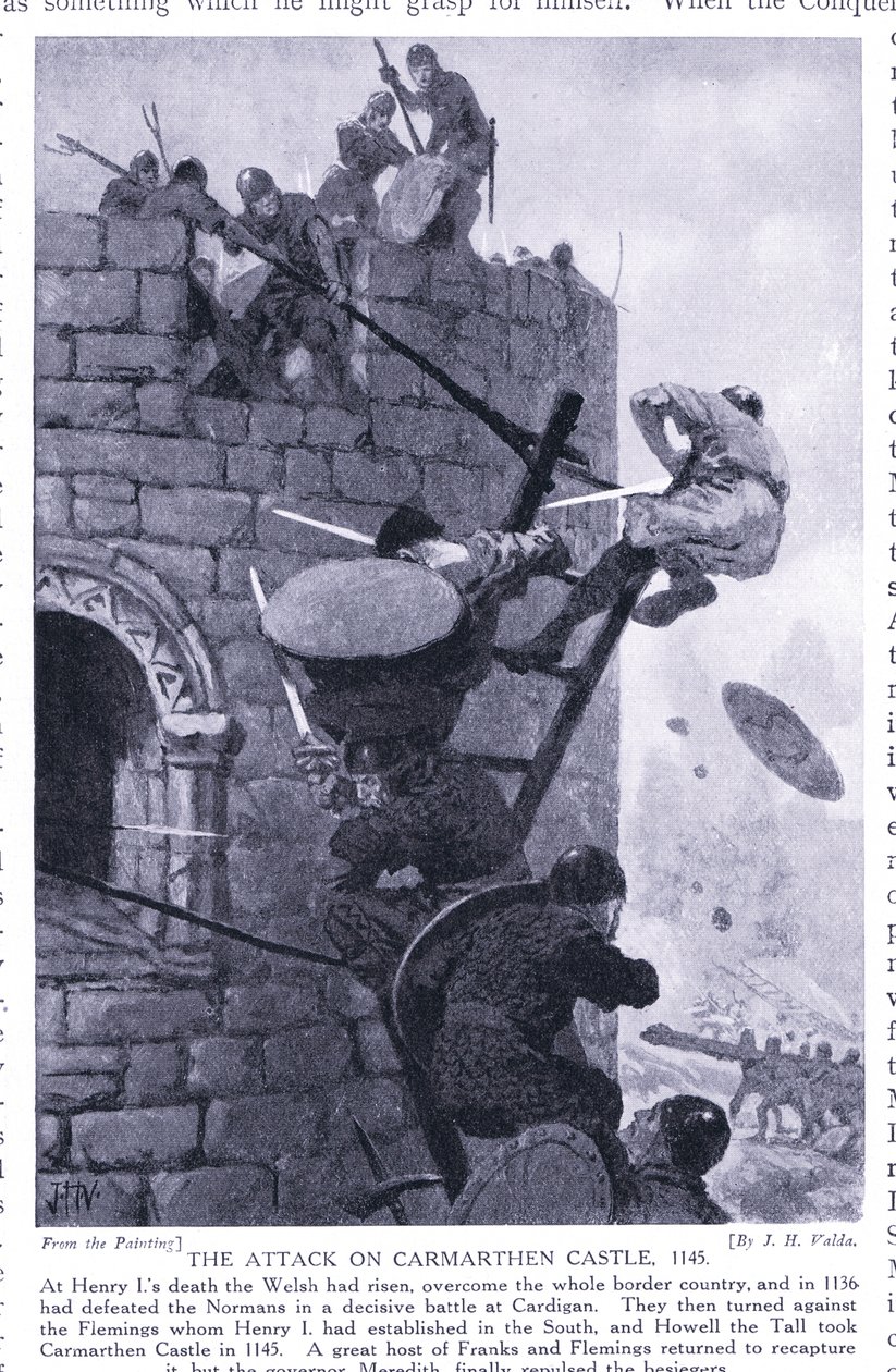 Hyökkäys Carmarthenin linnaan AD1136, 1920-luku tekijältä John Harris Valda