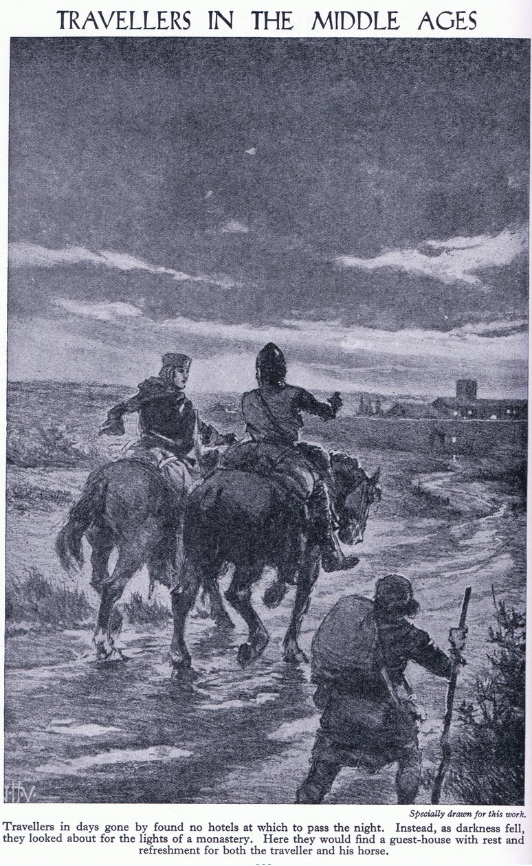 Matkailijat keskiajalla. Pimeyden tullessa matkailijat etsivät luostarin valoja, n. 1950 tekijältä John Harris Valda