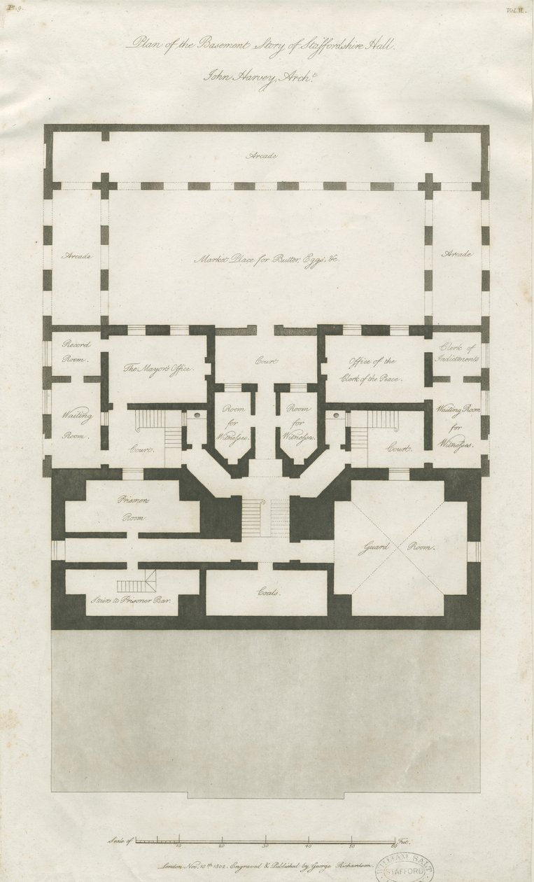Stafford - Plan of Basement Story of Shire Hall: kaiverrus, nd [1794-1798] (painettu) tekijältä John Harvey