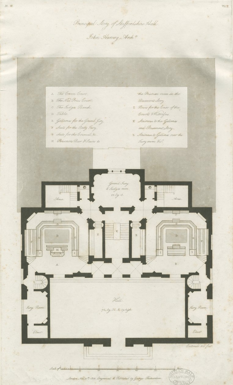 Stafford - Shire Hallin pääkerroksen suunnitelma: kaiverrus, nd [1794-1798] (painettu) tekijältä John Harvey