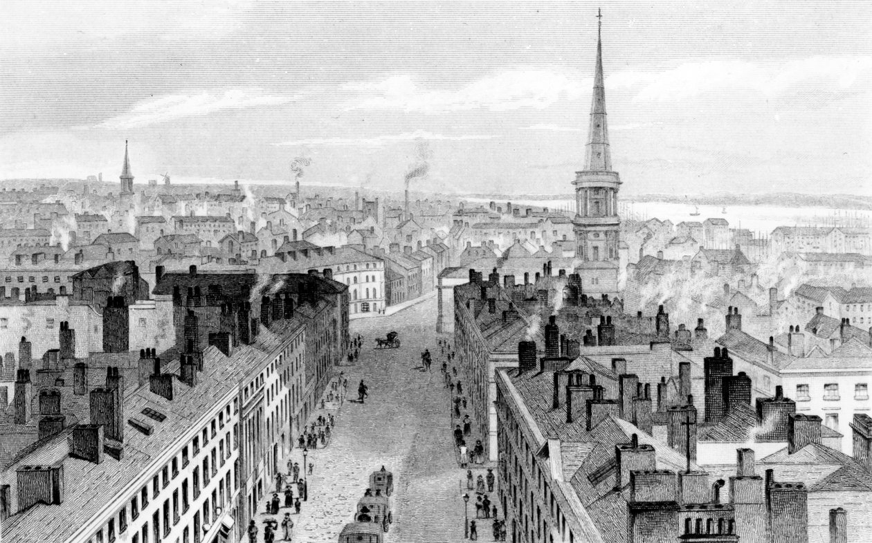 Liverpool kaupungintalosta etelään katsoen, kaivertanut John Rogers, n. 1830 tekijältä John Harwood
