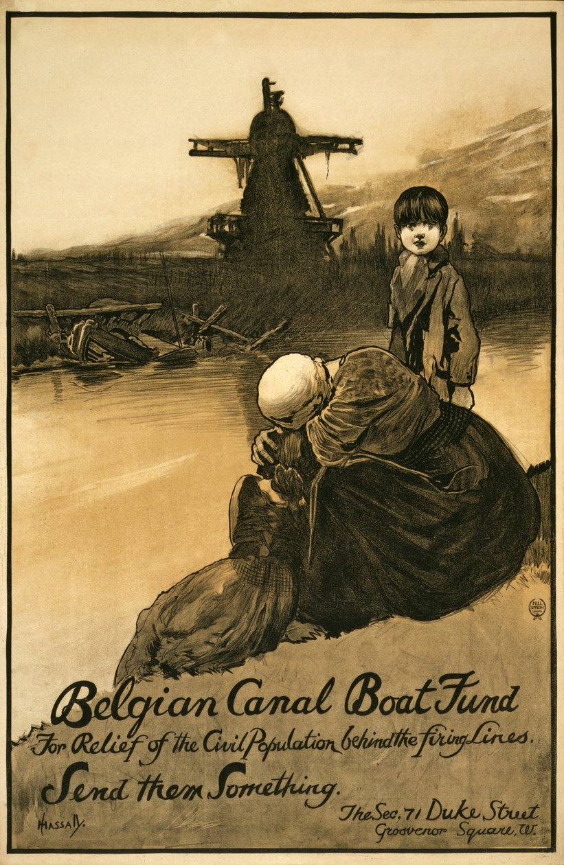 Varainkeruukampanja Belgian Canal Boat Fundille, pub. 1914-18 (väri litho) tekijältä John Hassall