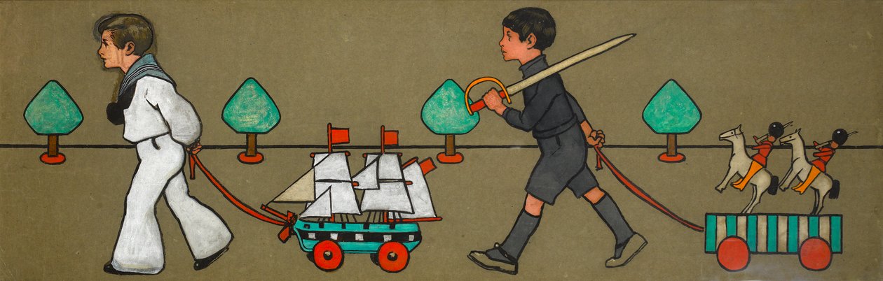 Alkuperäinen muotoilu "Lasten paraati leluineen" Friezelle, n. 1900 (guassi ruskealle paperille) tekijältä John Hassall
