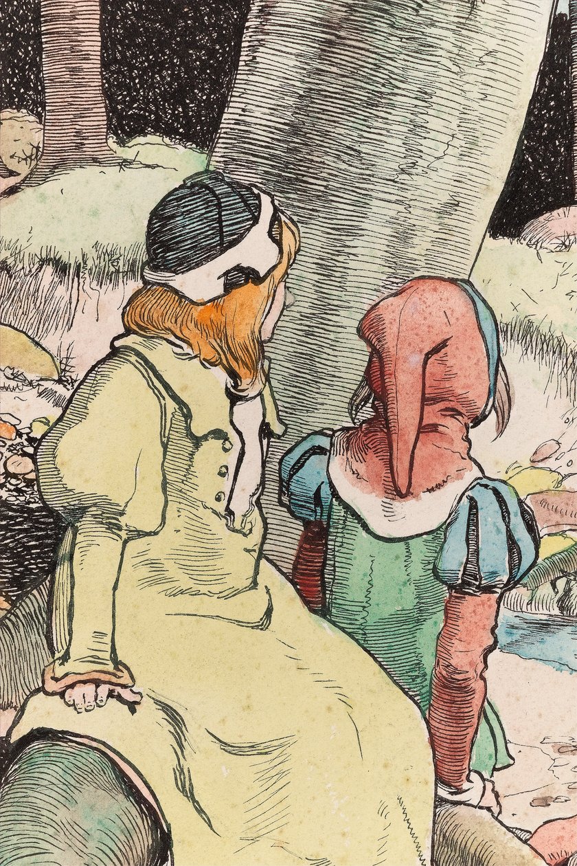 The Babes in the Wood, n. 1900 (akvarelli, kynä ja muste paperille) (244428:n yksityiskohta) tekijältä John Hassall