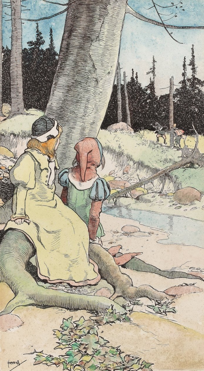 The Babes in the wood, n. 1900 (akvarelli & kynä & muste paperille) tekijältä John Hassall