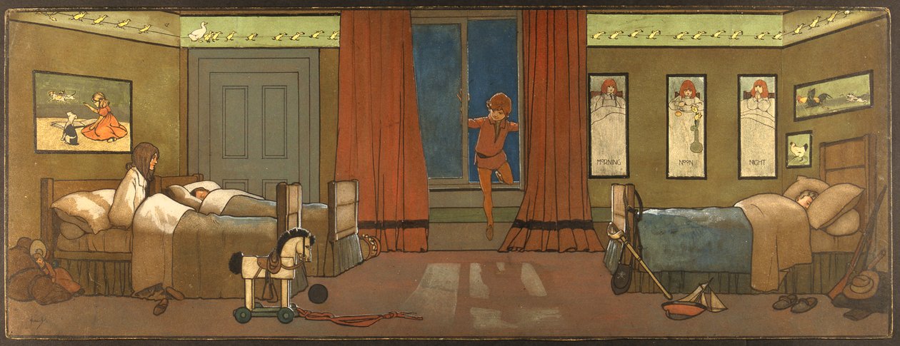 The Darling Family Nursery: Peter astuu etsimään varjoaan ja Wendy Awakes, kuvitus "Peter Panista", n. 1906 tekijältä John Hassall