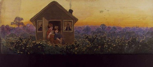 Puiden latvat auringonlaskun aikaan vuotta myöhemmin: Peter pienessä talossa Wendyn kanssa vuosittaisella kevätsiivousvierailullaan, kuvitus "Peter Panille", n. 1906 tekijältä John Hassall