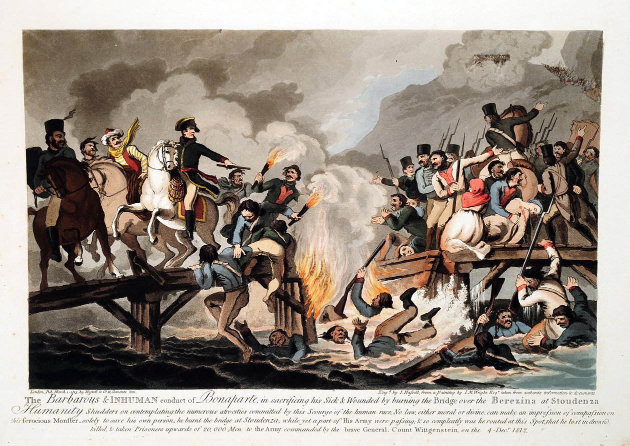 Ranskan armeija ylitti Berezinan marraskuussa 1812 - Hassell, John (1767-1825) - 1813 - Akvatinta - 41,6x57,6 - Yksityiskokoelma tekijältä John Hassell