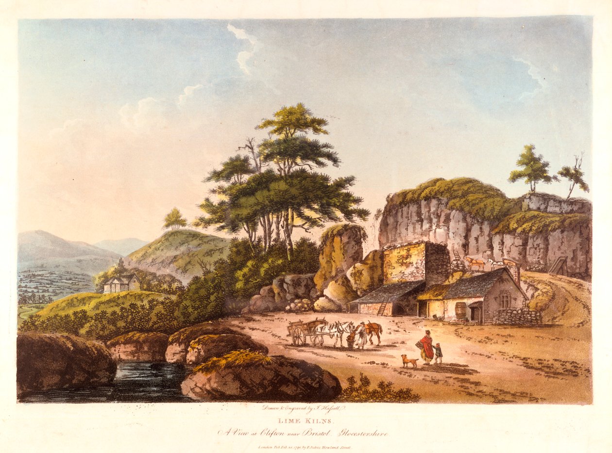 Kalkkiuunit. Näkymä Cliftonissa lähellä Bristolia, Gloucestershire, 1798. tekijältä John Hassell