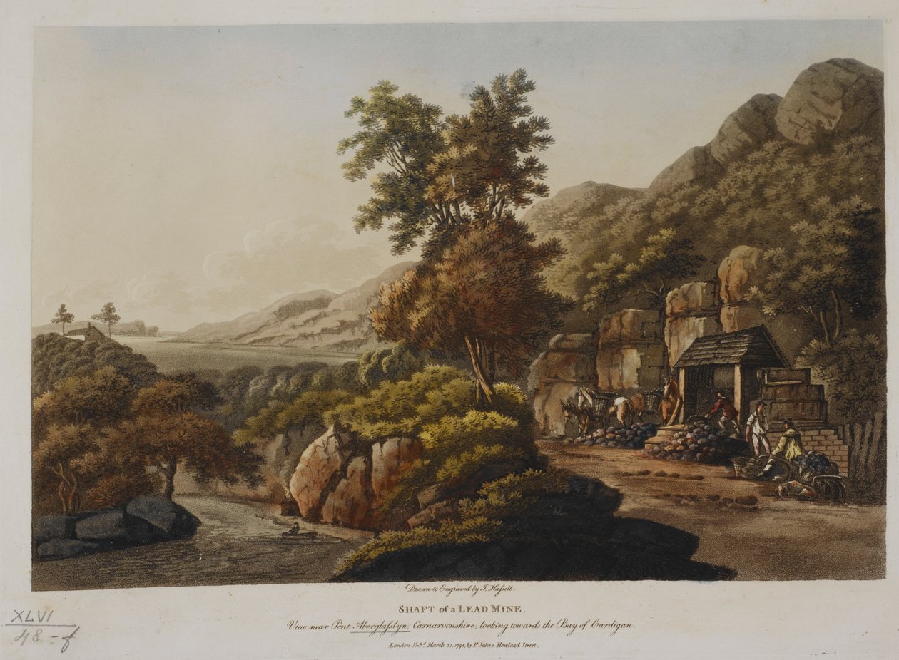 Lyijykaivoksen varsi. Näkymä lähellä Pont Aberglaslynia, Carnarvonshire, näkymä Cardiganin lahdelle, julkaistu vuonna 1798 (värillinen kaiverrus) tekijältä John Hassell