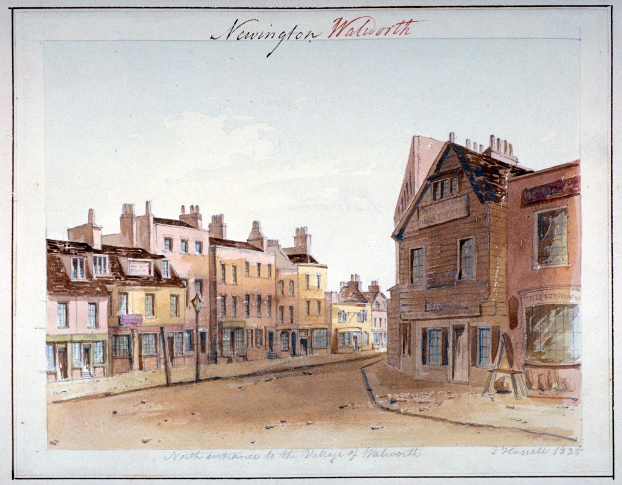 Näkymä Walworthin kylään, Southwarkissa, pohjoiselta sisäänkäynniltä, Lontoo, 1825 tekijältä John Hassell