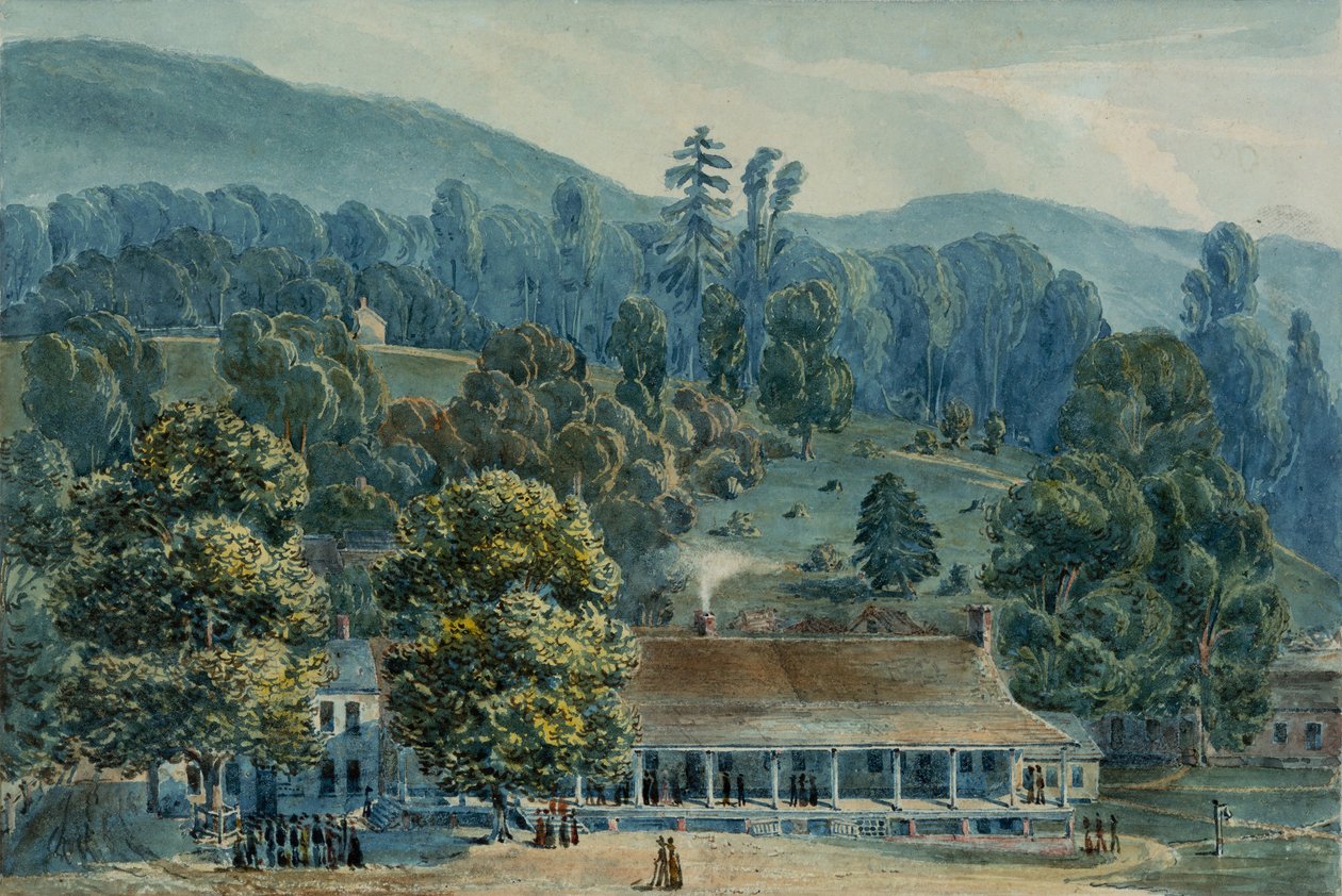 Ruokasali ja näyttämötoimistot White Sulphur Springsissä, 1832. tekijältä John Hazelhurst Boneval Latrobe