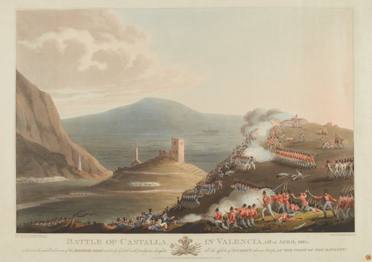 Castallan taistelu Valenciassa, 13. huhtikuuta 1813, kaiverrus Dubourg, 1814 (värillinen akvatinta) tekijältä John Heaviside Clark