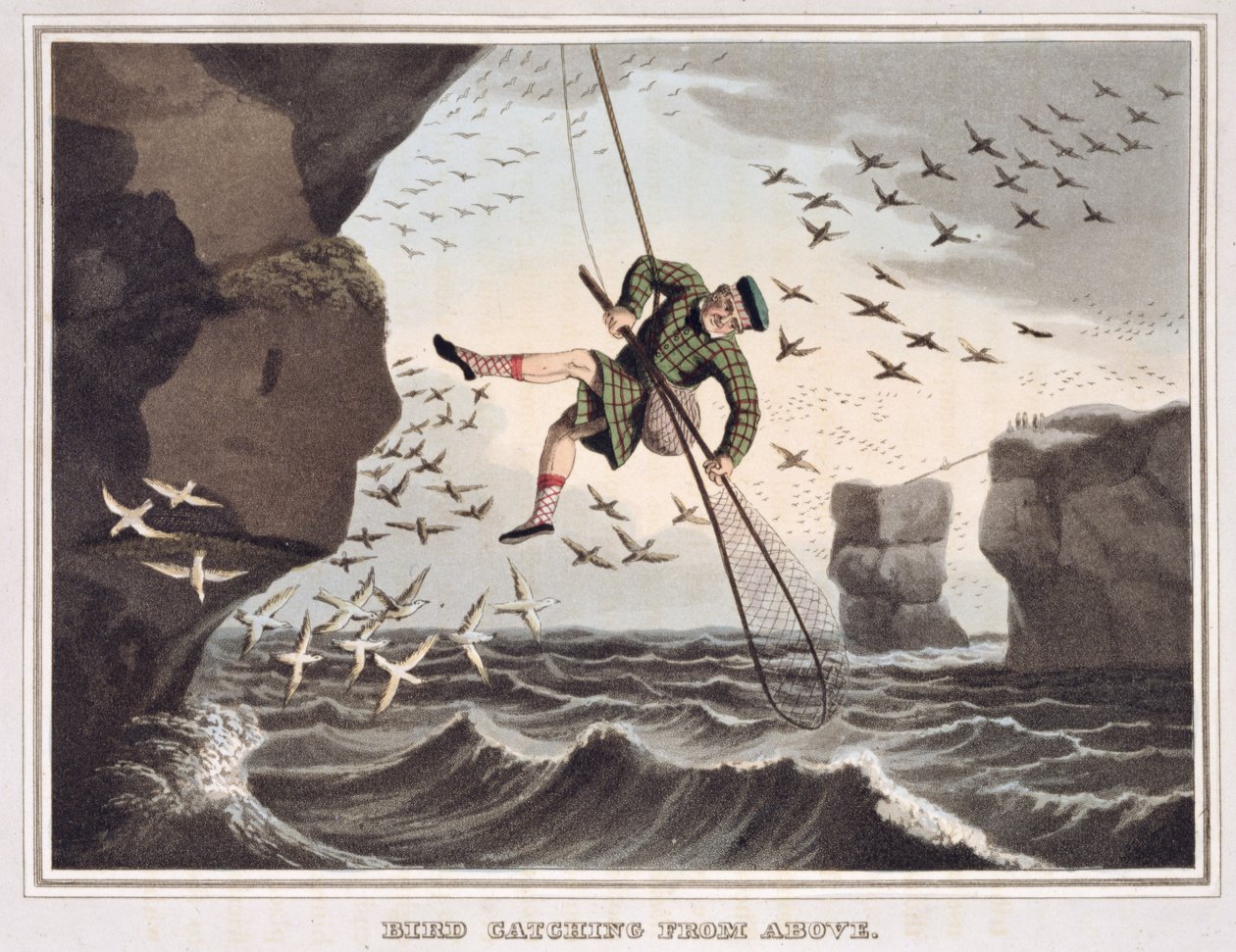 Lintujen pyydystäminen ylhäältä, kaiverrus Matthew Dubourg (fl.1785-1820), julkaisija Edward Orme, 1813 tekijältä John Heaviside Clark