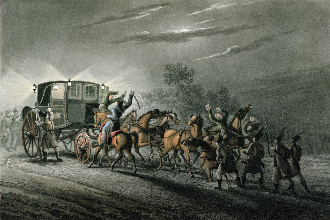 Majuri von Kellerin Bonaparten vaunun, paperin ja aarteen vangitseminen, Waterloo, 18. kesäkuuta 1815, kaiverrus Matthew Dubourg (fl.1813-20) tekijältä John Heaviside Clark