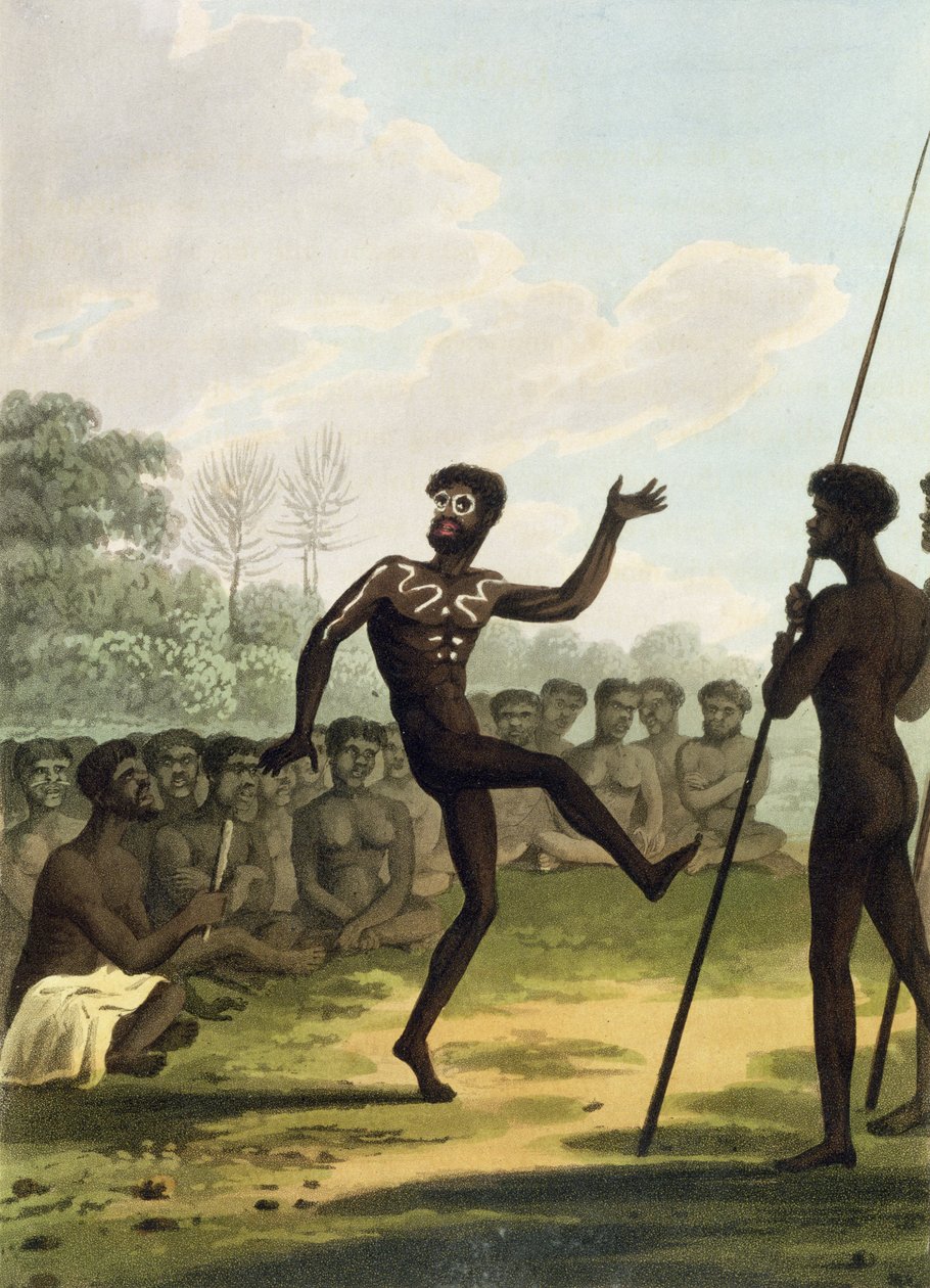 The Dance, aboriginaalit Uudesta Etelä-Walesista, kaivertanut Matthew Dubourg (fl.1813-1820) pub. 1813 tekijältä John Heaviside Clark