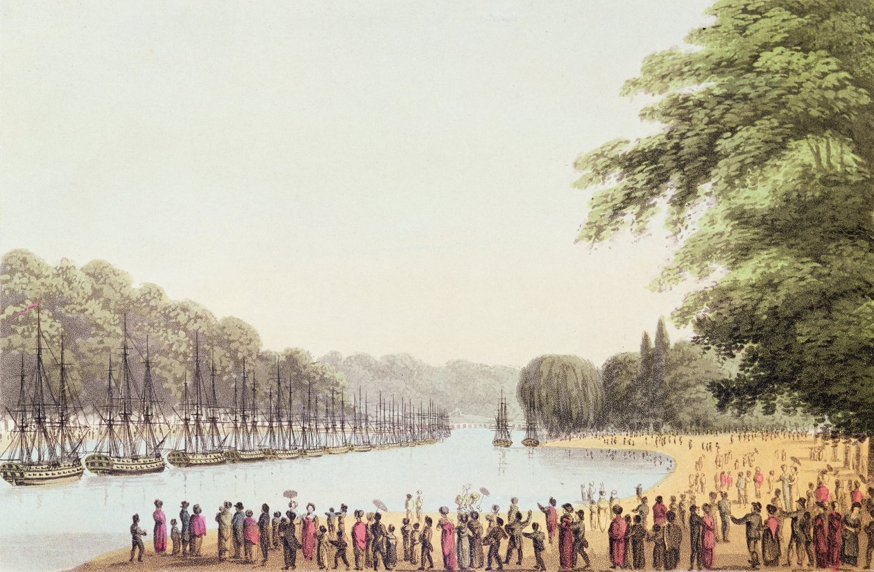 Laivasto Serpentine-joella, kaivertaja Matthew Dubourg (1813-20) 1814. tekijältä John Heaviside Clark