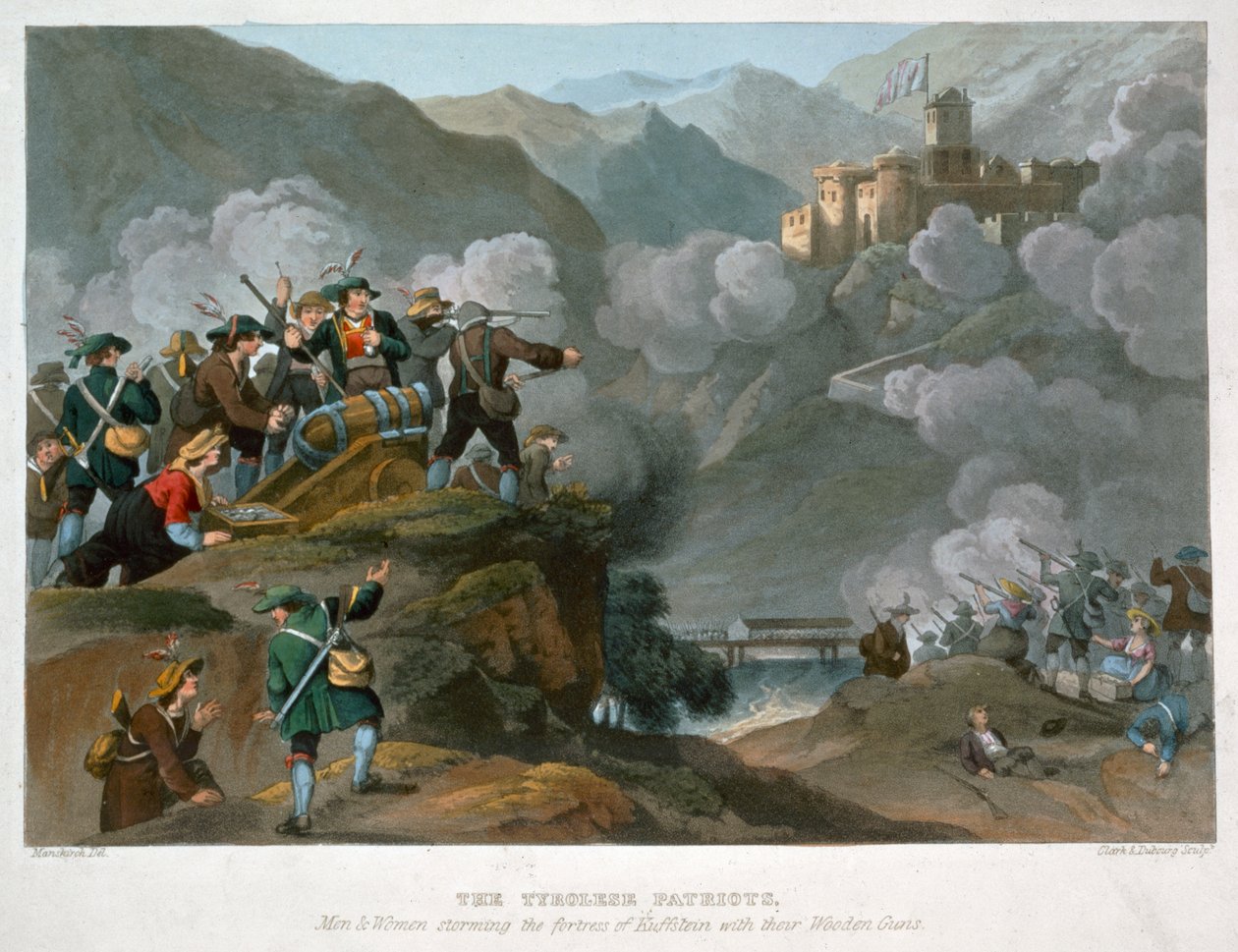 "Tirolilaiset patriootit hyökkäämässä Kuffsteinin linnoitukselle puisilla aseillaan, 1816 tekijältä John Heaviside Clark