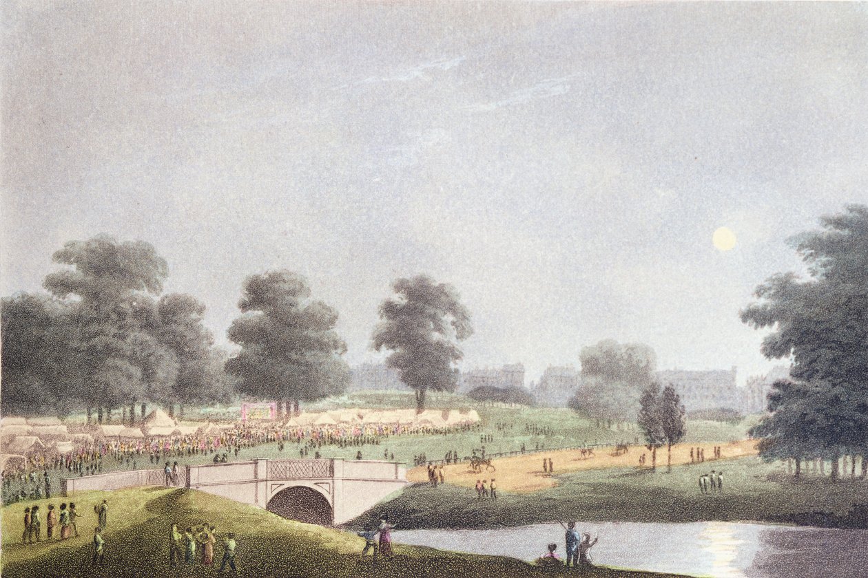 Näkymä messuille Hyde Parkissa, kaiverrus Matthew Dubourg, 1. elokuuta 1814 (värillinen kaiverrus) tekijältä John Heaviside Clark