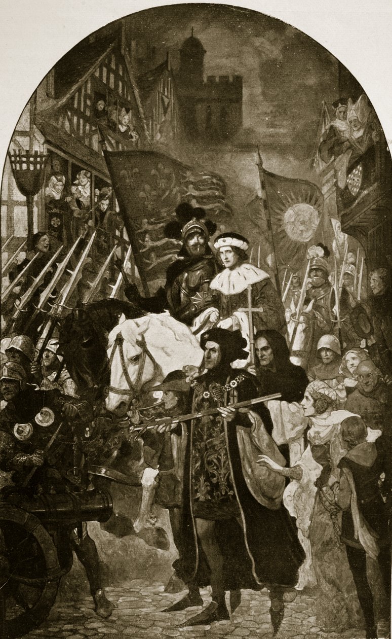 Henry VI viedään Barnetin taisteluun vuonna 1471, kuvitus "Hutchinsonin tarinasta brittiläisestä kansasta", n. 1923 tekijältä John Henry Amshewitz